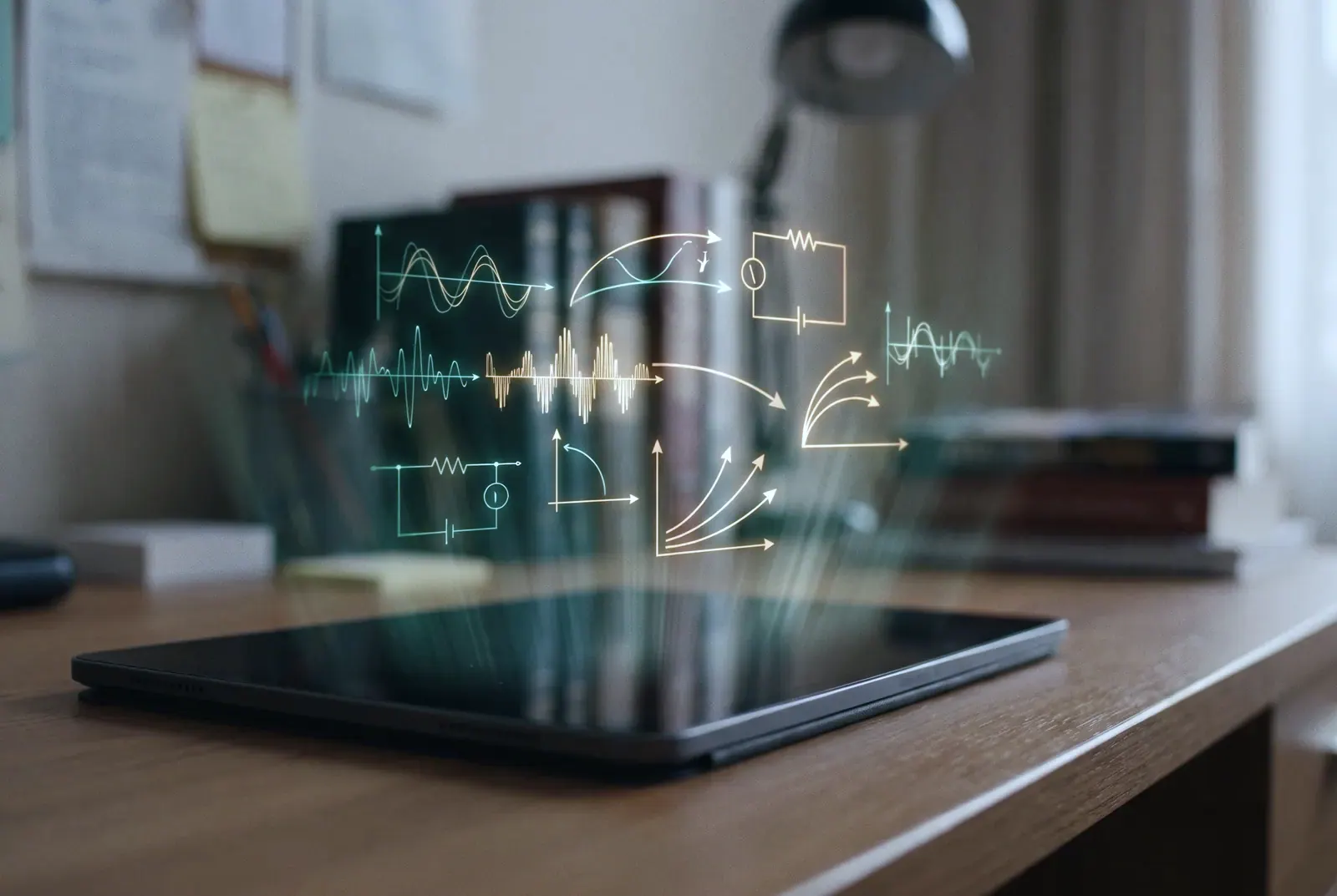 TwinFusion Learn — holographic physics diagrams above a tablet